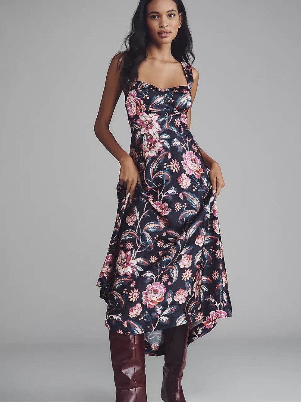 Anthropologie The Jocelyn Black  Pink Floral Sleeveless Slip Midi Dress by Maeve